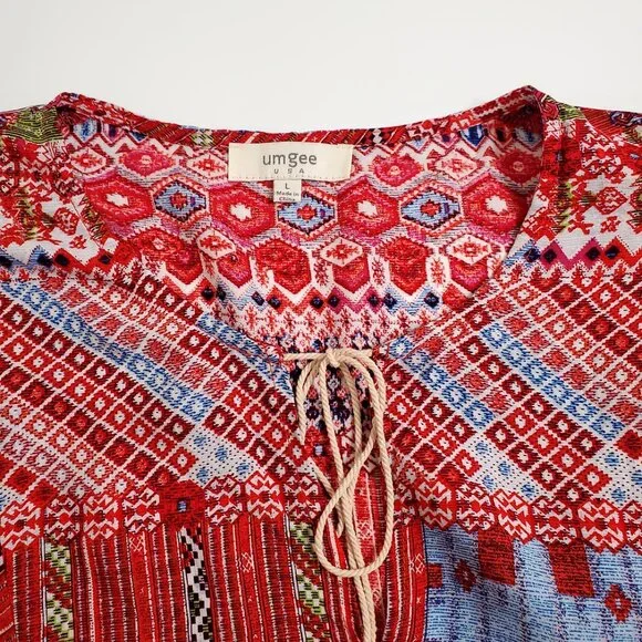 UMGEE Women Mini Dress L Red Tribal Boho 3/4 Sleeve Tassels Cotton Blend… - Picture 4 of 11